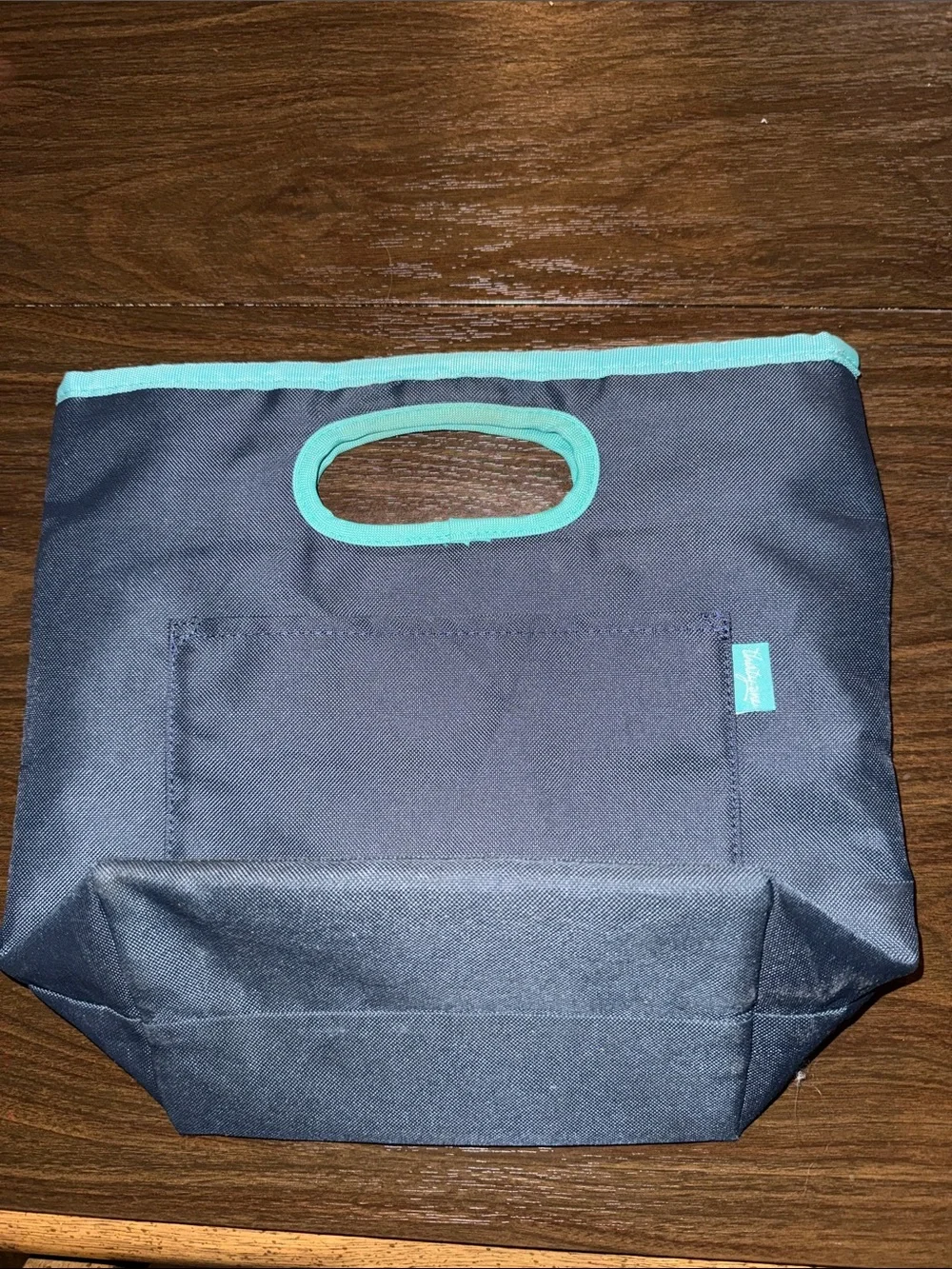 Thirty-One Navy Insulated Lunch Tote with Teal Trim and Colorful Turtle Stack